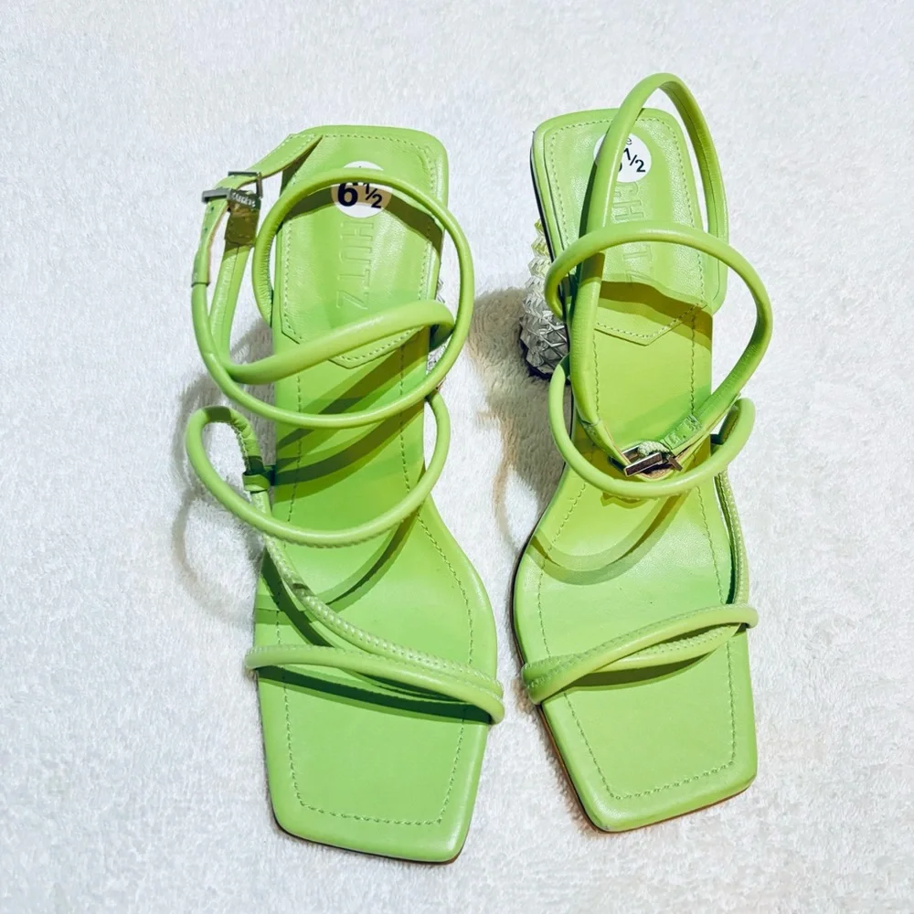 SCHUTZ Women’s Mayte Lime Green Leather‎ Acrylic Block Heel Sandal size 6.5